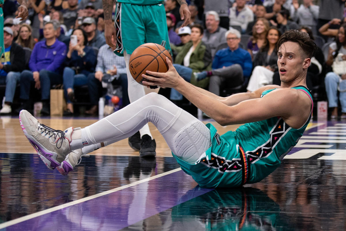 Apr 2, 2023; Sacramento, California, USA; San Antonio Spurs forward Zach Collins (23) looks to the referee for a call during the third quarter at Golden 1 Center.